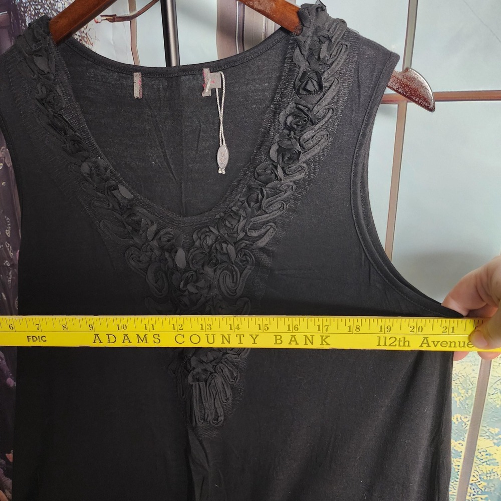 Black Silk Blend Rosette Ruffle Long Tank Top Gothic Whimsical L - Picture 7 of 7